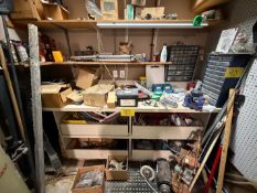 WORK TABLE W/ POWER & HAND TOOLS, HARDWARE, PARTS BINS, MOTORS, BENCH VISE, ETC.