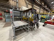 HYDRAULIC SHEAR / SANDER W/ INFEED AND OUTFEED ADJUSTABLE TABLE, SHEAR IS WEIGHT ADJUSTABLE W/