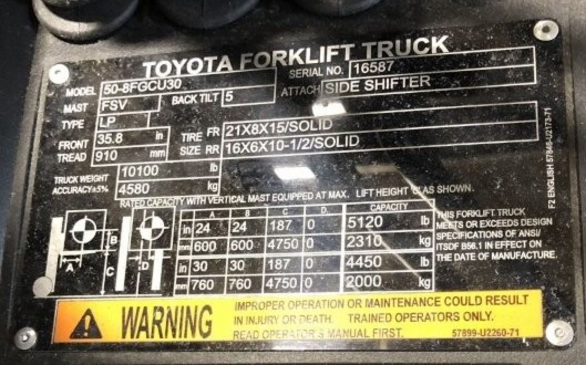 2024 TOYOTA 50-8FGCU30 LPG Forklift, 5,120 lbs. capacity, FSV mast, side shift, 187" max. height, - Image 4 of 4