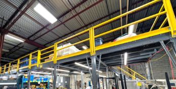 LARGE FREE STANDING MEZZANINE, (1) STAIRCASE, APPROX. 80'L X 20'W X 9'H W/ LIGHTING AND RAILING (