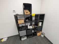 SHELVING UNIT W/ CONTENTS, JUNO TRAC-LITES, ETC. (NO ROUTER, MODEM, COMPUTER EQUIPMENT) (LOCATED