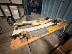 LOT OF BELT CONVEYOR COMPONENTS AND MOTORS W/ TABLE
