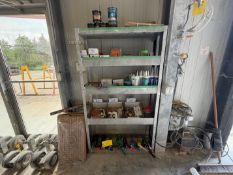 5-LEVEL STEEL RACK W/ CONTENTS, CAULKING GUNS, CAULKING, CARTRIDGE, DERUSHA SUPPLIES, STAINLESS
