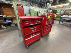 LOT (2) TOOL CASES (BEACH 12-DRAWER, 9-DRAWER, BOTH W/ CASTORS BASE, INCLUDES CONTENTS AND HOSE)
