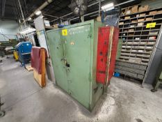 LOT OF (2) 2-DOOR METAL CABINETS W/ CONTENTS, TOOLING, HARDWARE, ETC. AND SIDE CABINET W/ END MILLS,