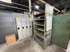 LOT OF (4) DOORS OF LOCKERS, 2-DOOR METAL CABINET, (3) SHELVING UNITS, (2) GREEN METAL DIVIDERS