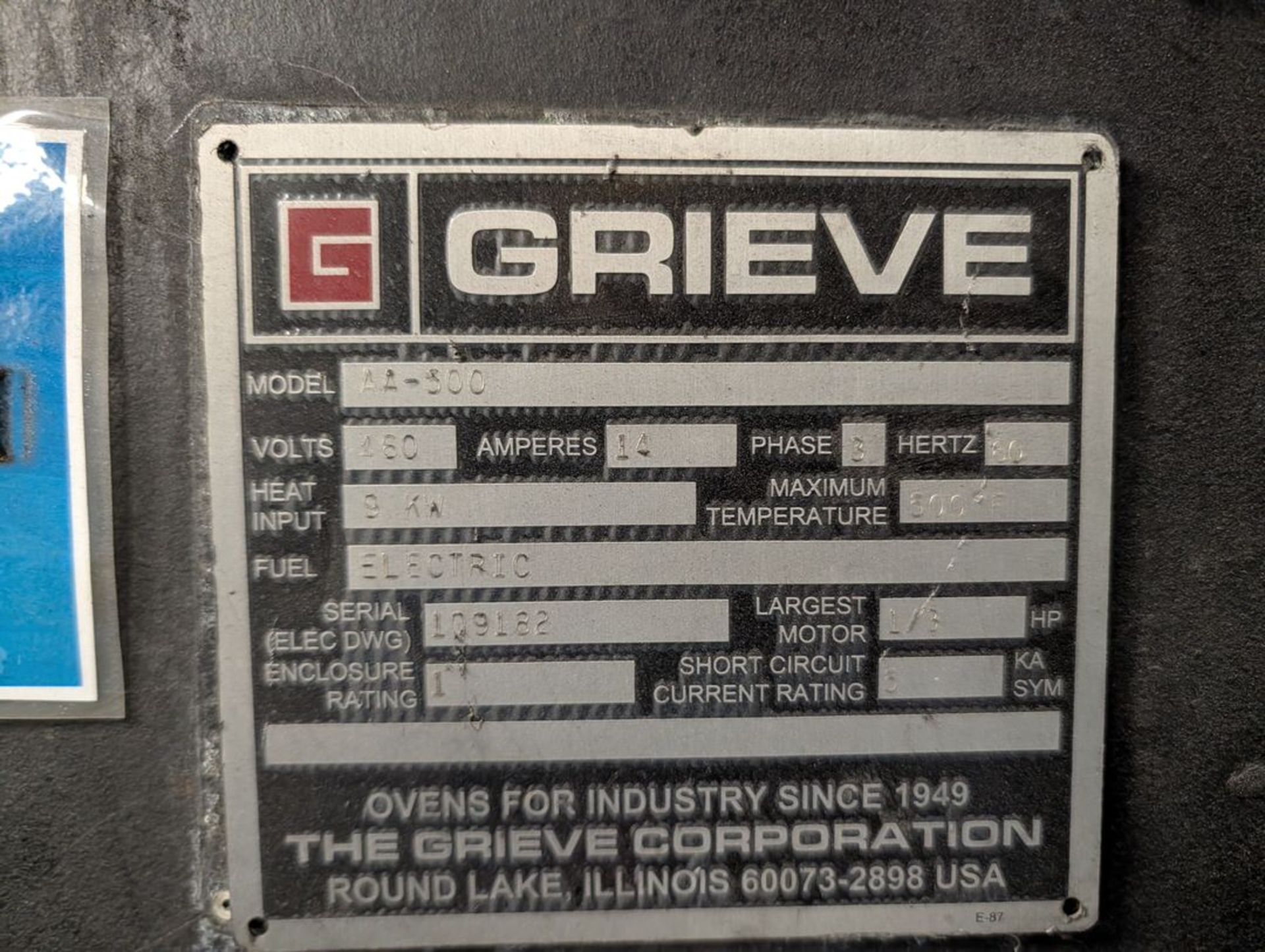 Grieve AA-500 Crowfoot Oven 460/3/60, 500F, 1/3hp; Dims: 5' x 4' x 6' - Image 7 of 7