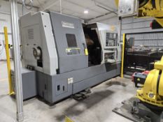Hyundai SKT-300 CNC Lathe w/ Tailstock and Indexer, 10 Slot Turret, LNS Conveyor, 3-Jaw Chuck, Fanuc