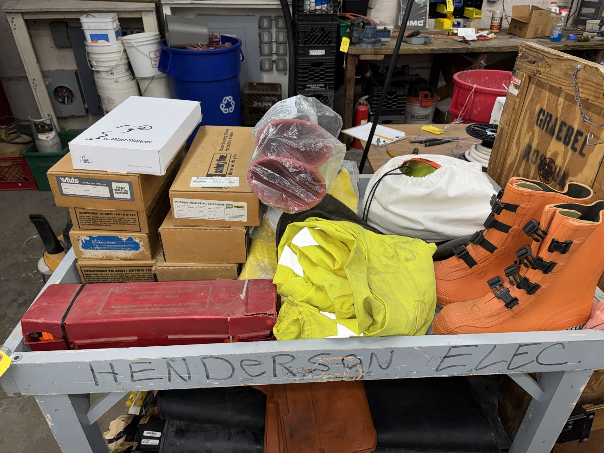 LOT Safety Gloves, Safety Boots, Vests, Face Masks. Safety Suits, Rubber Mats, w/ Port. Bench - Image 7 of 8