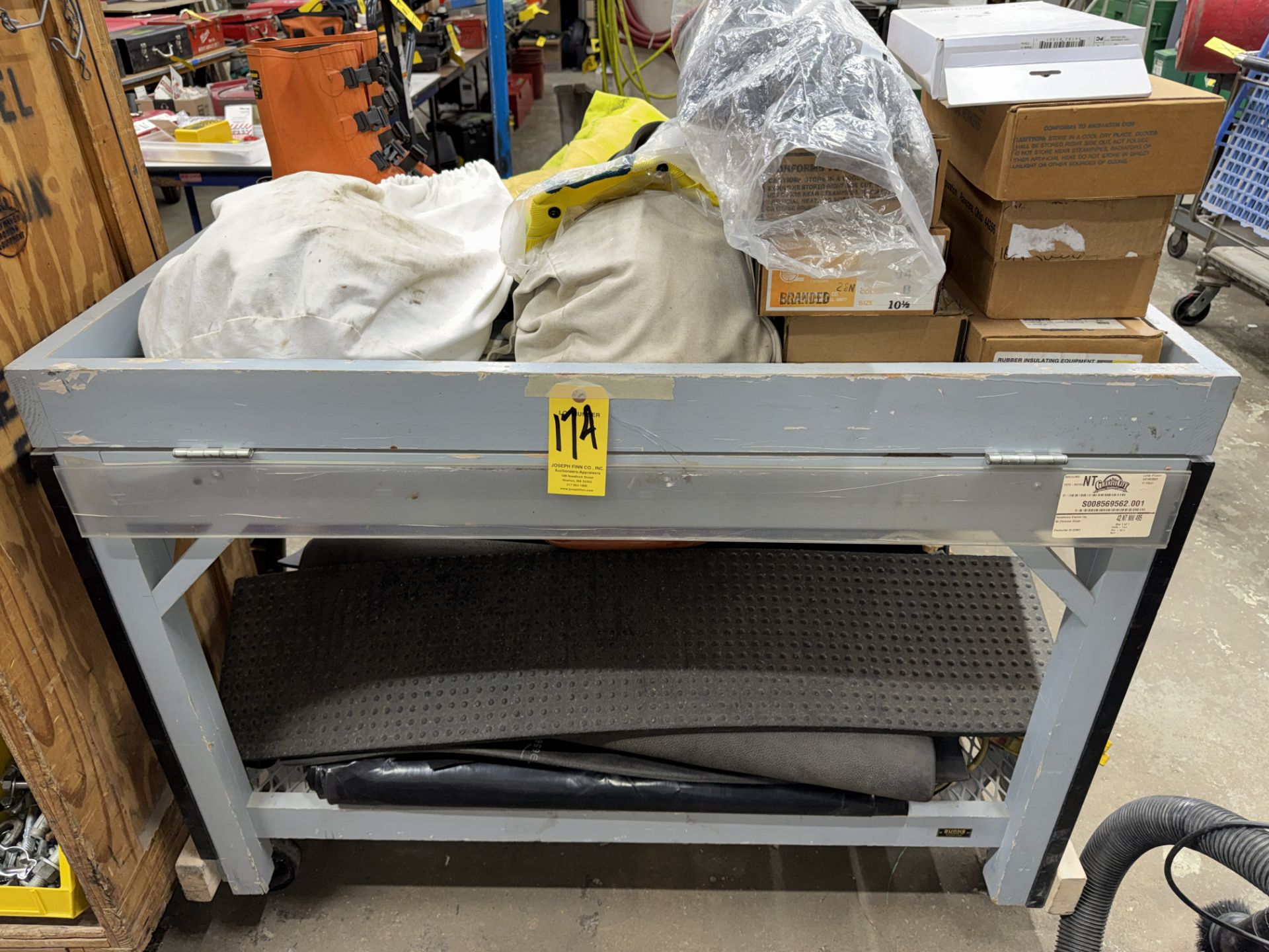 LOT Safety Gloves, Safety Boots, Vests, Face Masks. Safety Suits, Rubber Mats, w/ Port. Bench