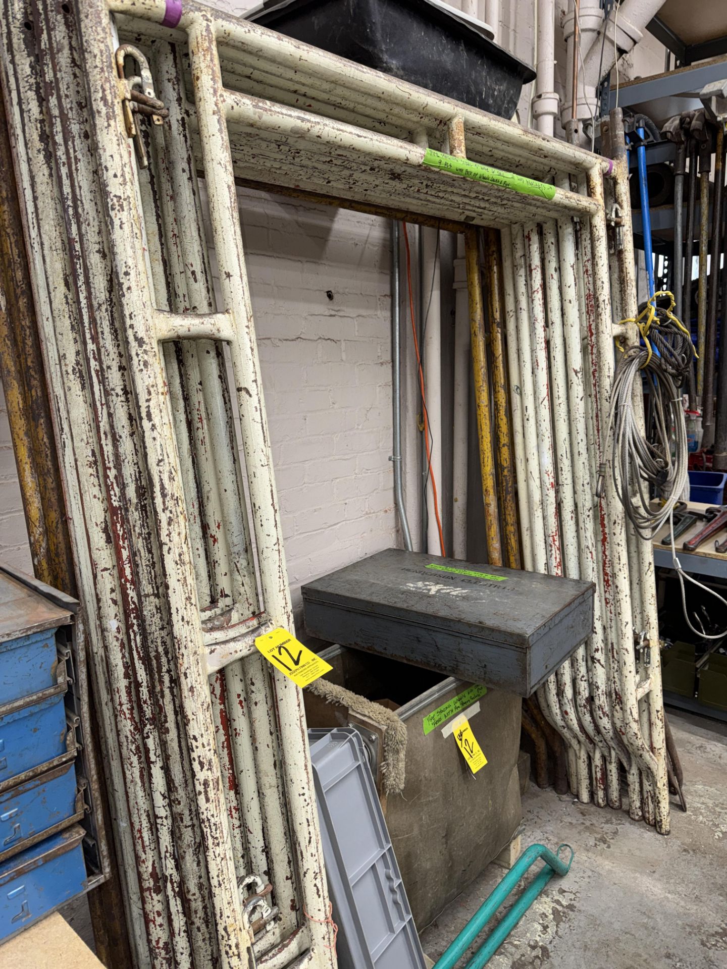 LOT (9) Sections of Steel Pipe Staging, 5' W 6' H, w/ Wheels, Jack Pins, Supports, (2) 7' Werner - Image 3 of 9
