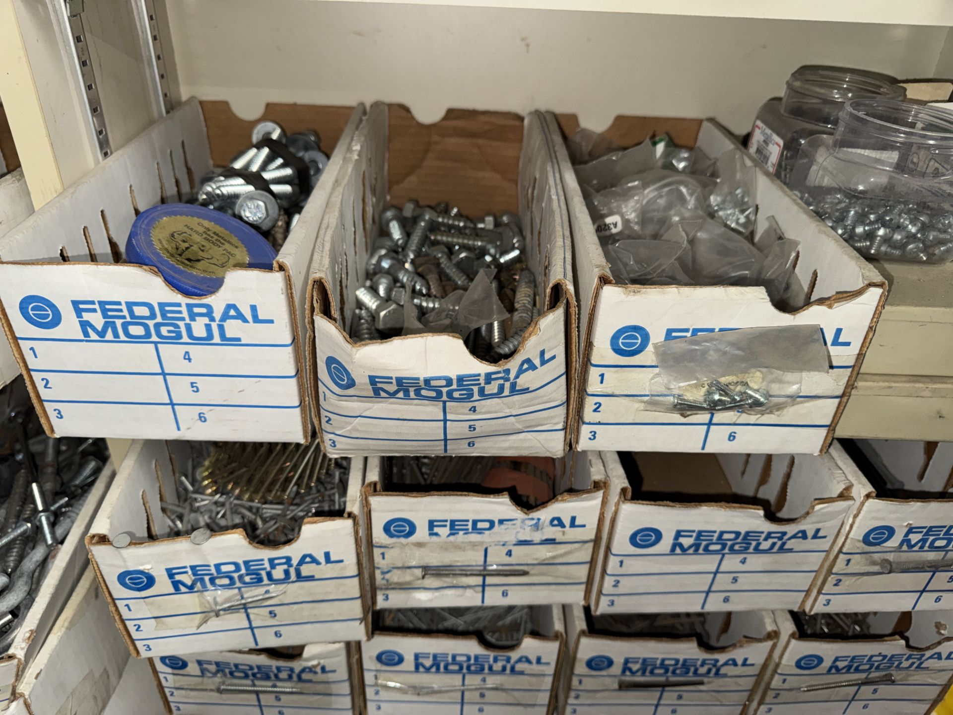 LOT Asst. Hardware Nuts, Bolts, Screws, Port. Wood Shelf in Area - Image 5 of 9