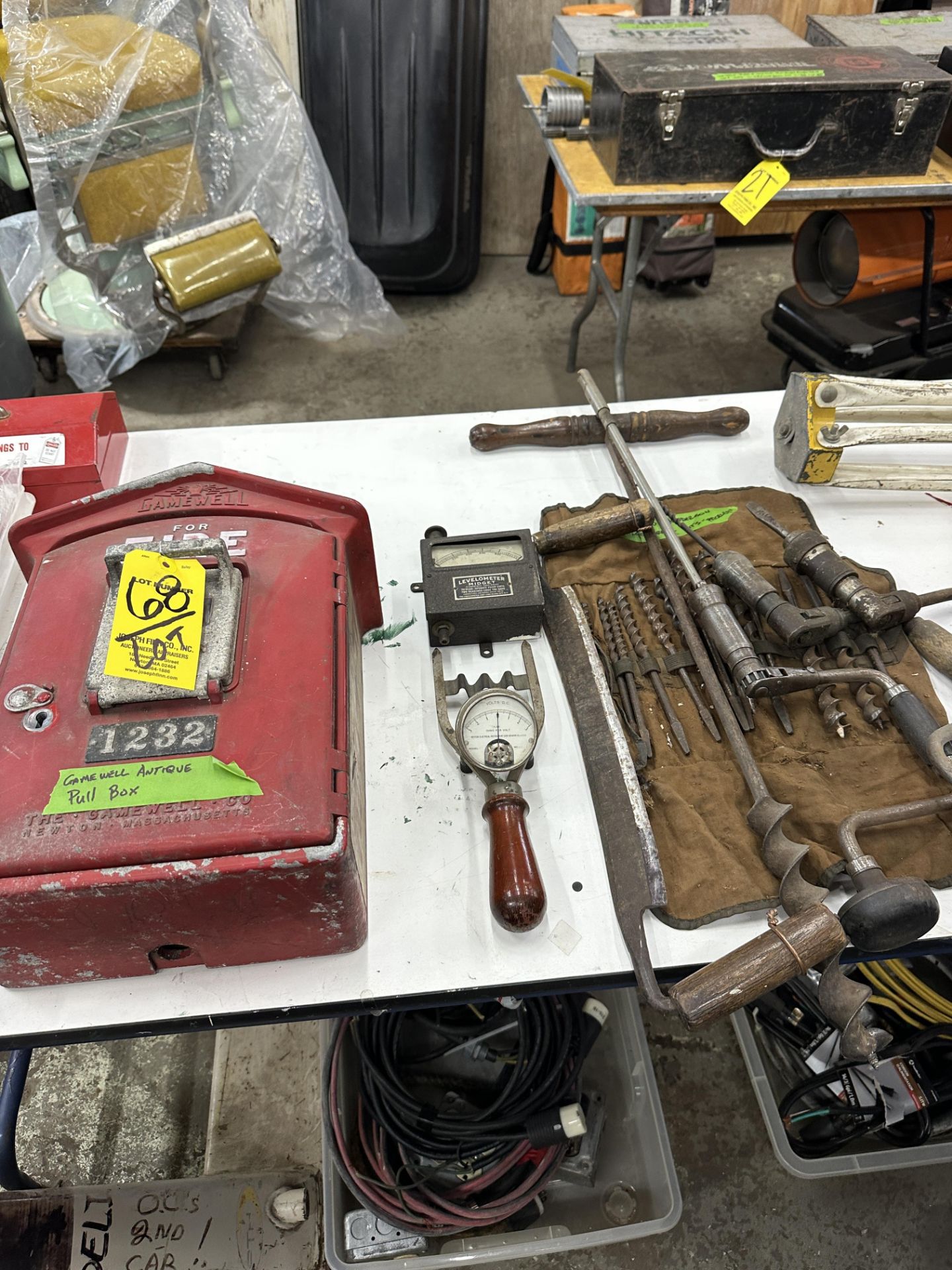 LOT Vintage Fire Pull Box, Vintage Drill Bits, Level Meter, Gage