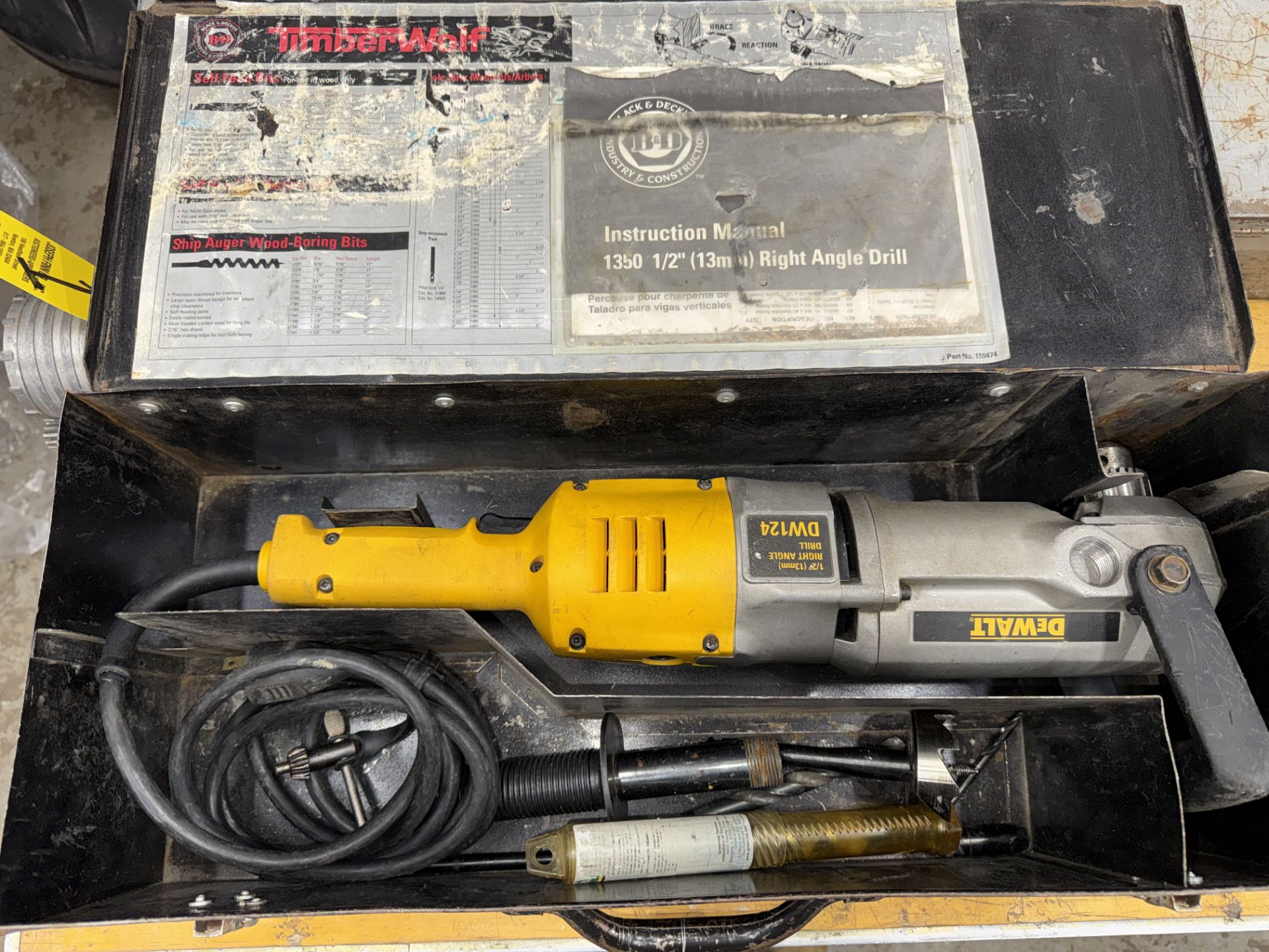 Dewalt DW124 Right Angle Drill, .5", w/ (1) 2 1/4" Self Feed, Wood Bit, and Case