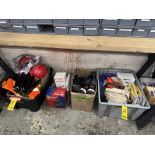 LOT Safety Equipment Under Bench Including Vests, Hard Hats, Wheel Chocks, Face masks, Boot