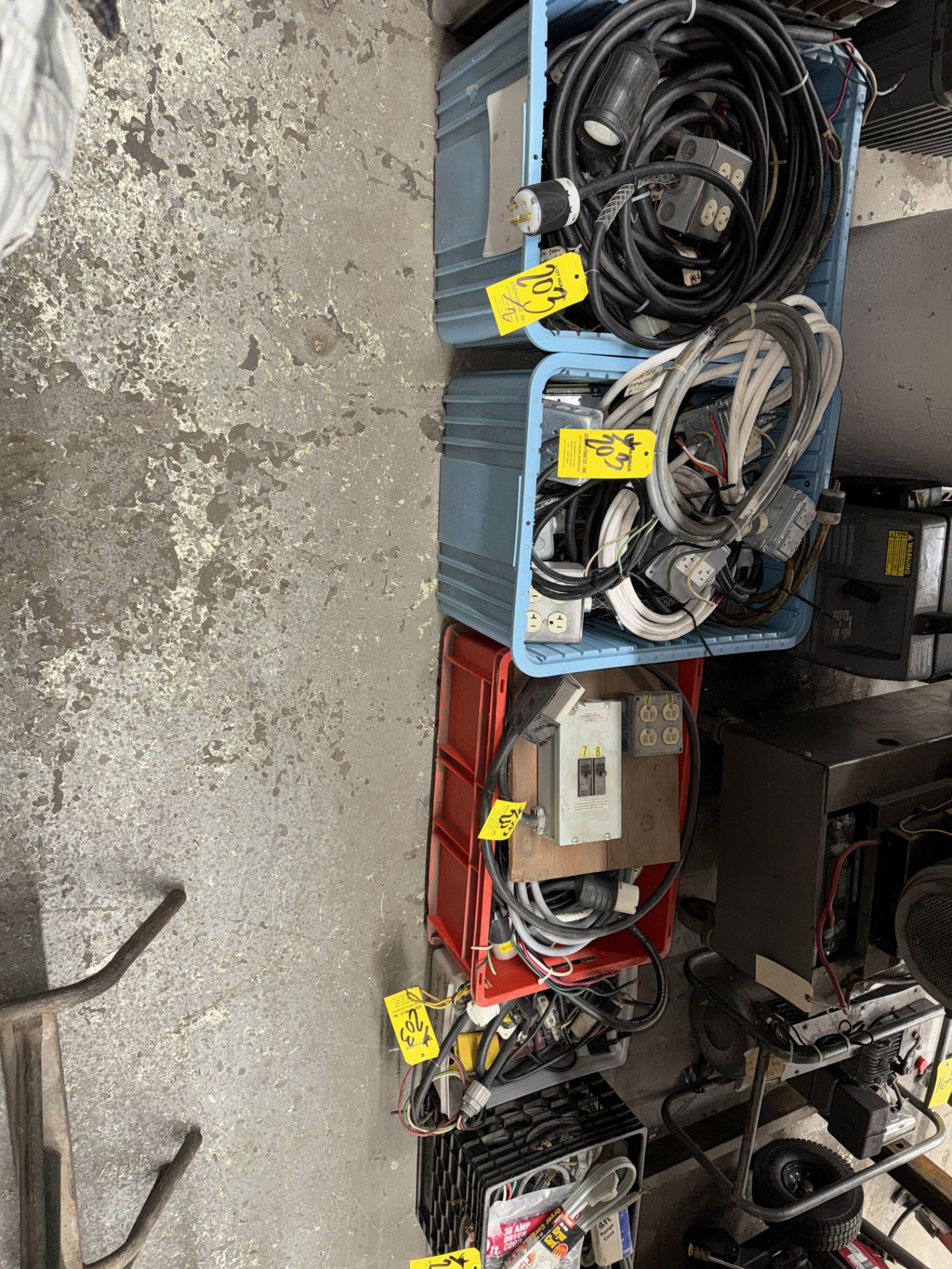 4 Square Asst. Cord Drops in (2) Bins, Electrical On/Off Box w/ Receptacle & Cables, Plug Ends,