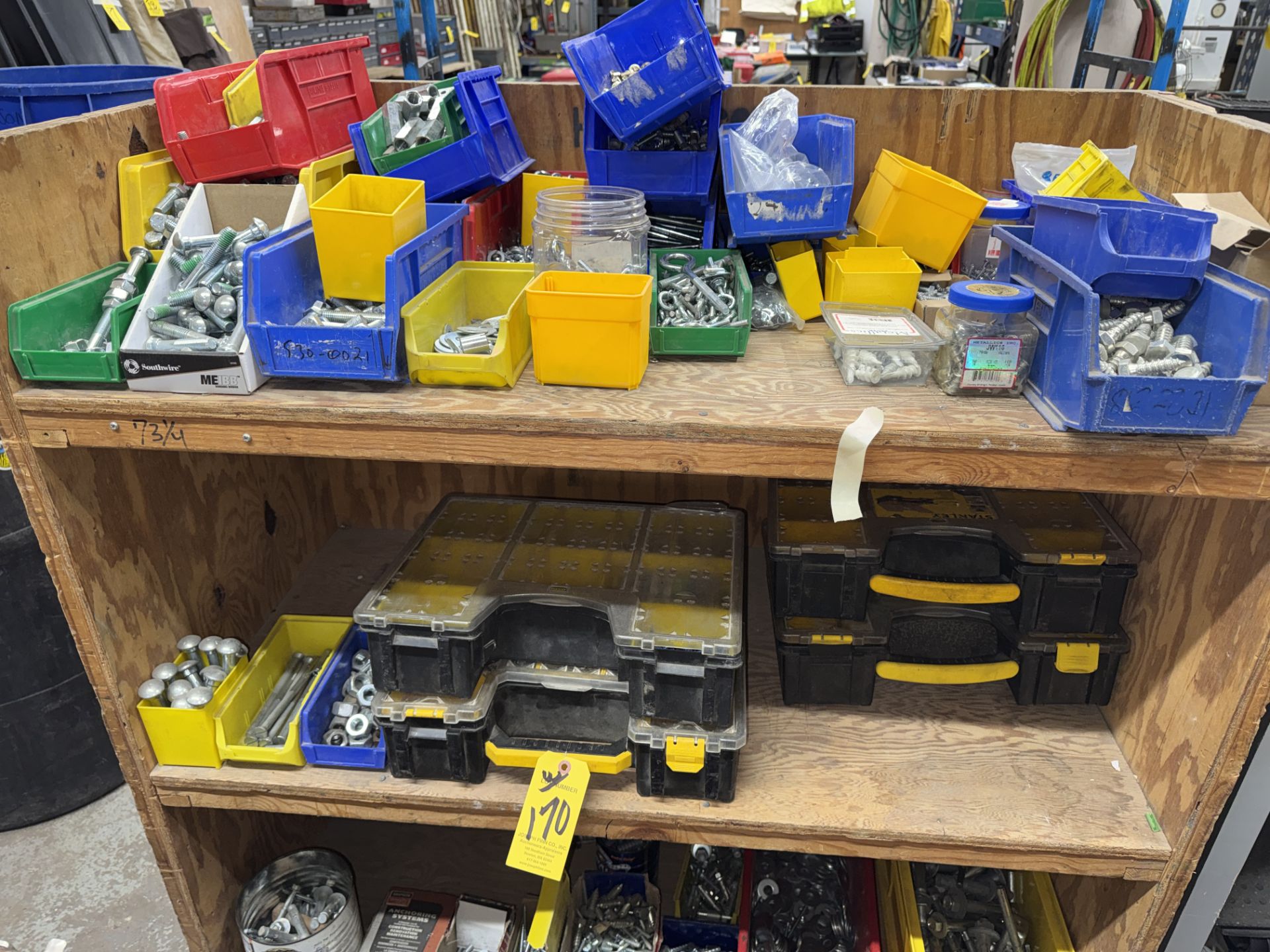 LOT Asst. Hardware Nuts, Bolts, Screws, Port. Wood Shelf in Area - Image 9 of 9