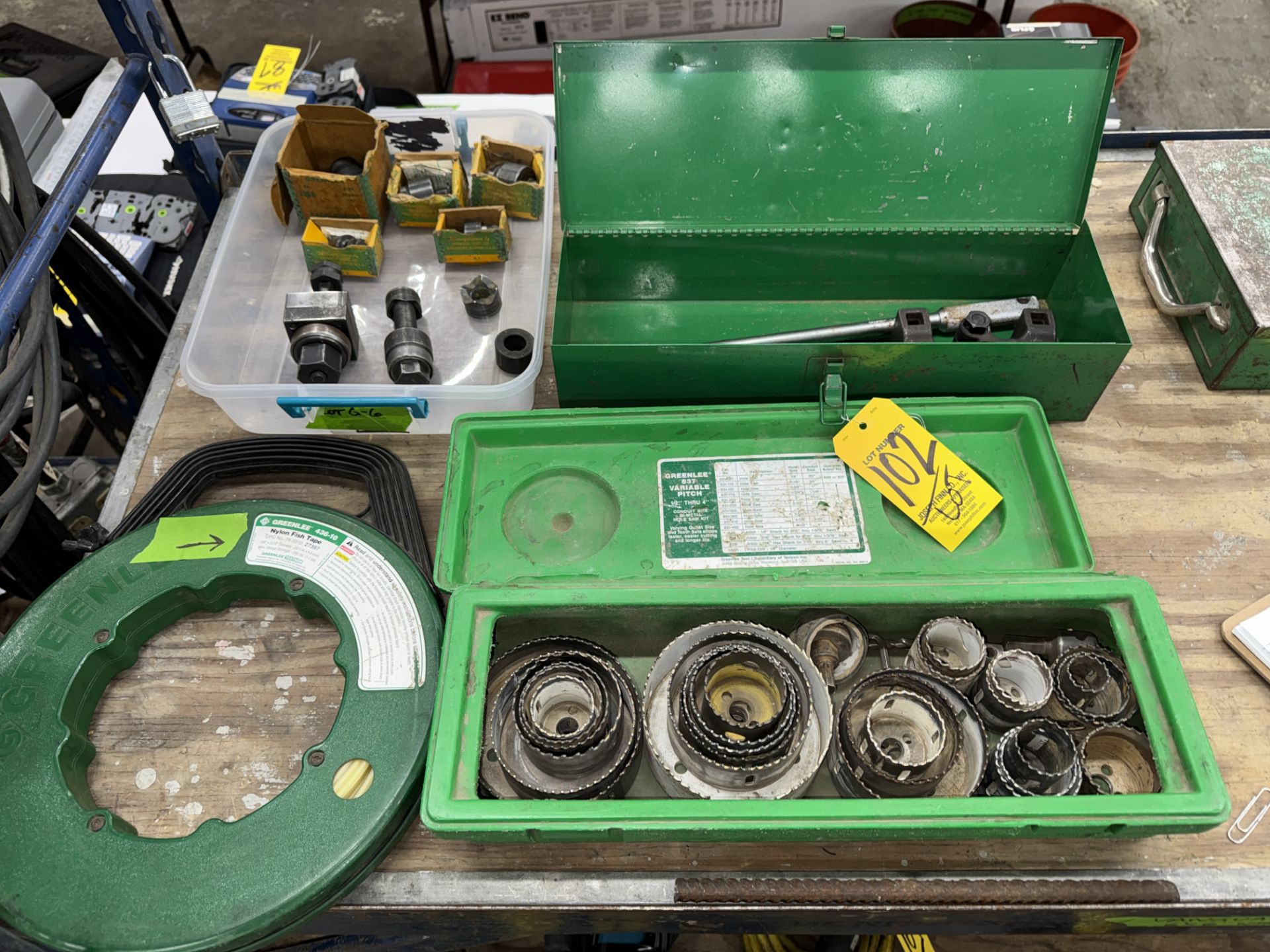 LOT Asst. Greenlee Hole Saws, Nylon Fish Tape, Ratchets, Tooling