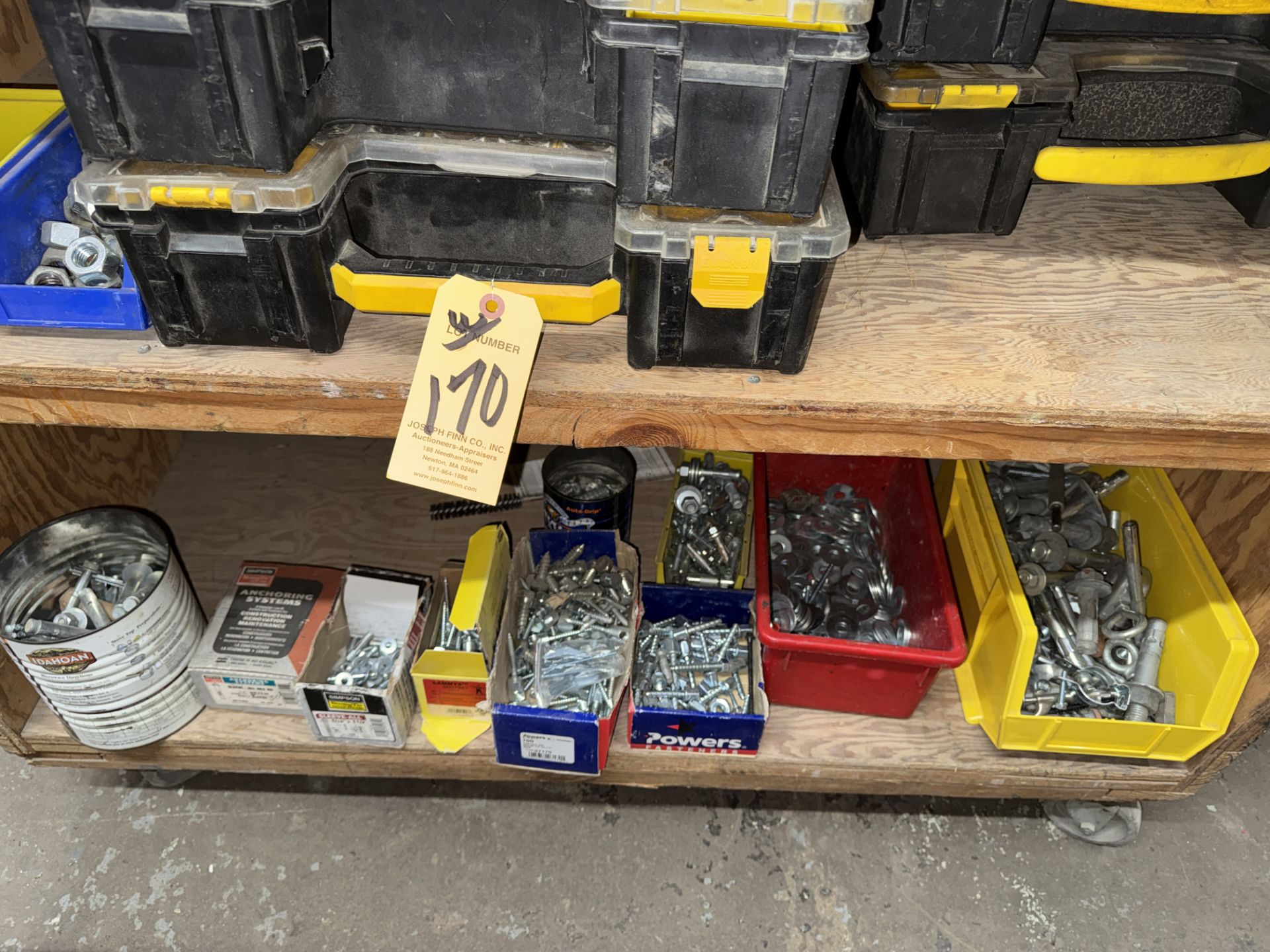 LOT Asst. Hardware Nuts, Bolts, Screws, Port. Wood Shelf in Area - Image 8 of 9