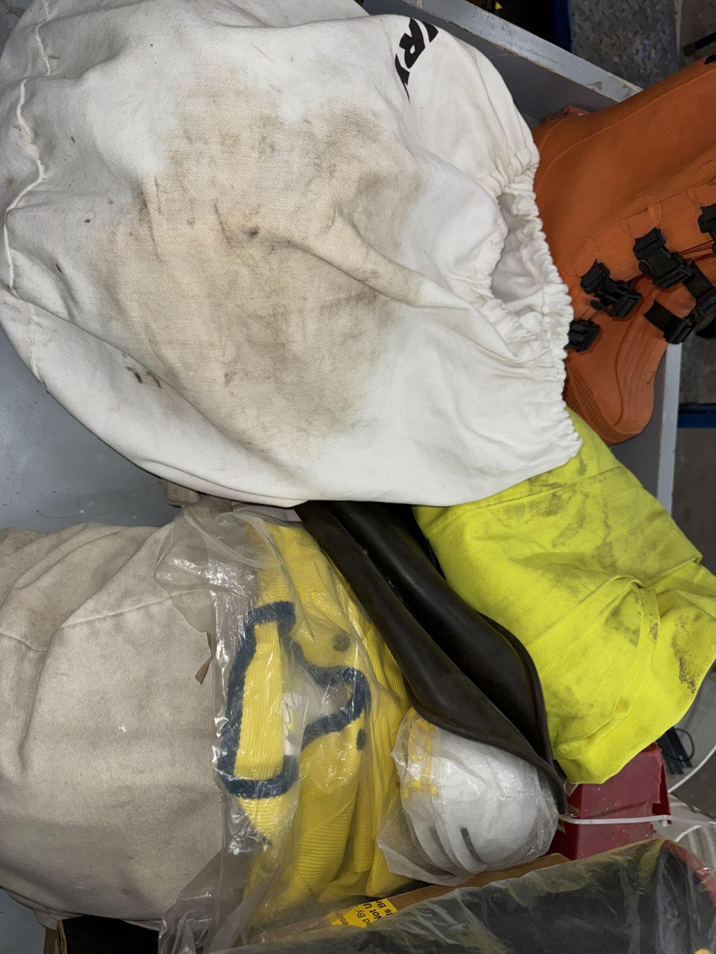 LOT Safety Gloves, Safety Boots, Vests, Face Masks. Safety Suits, Rubber Mats, w/ Port. Bench - Image 3 of 8