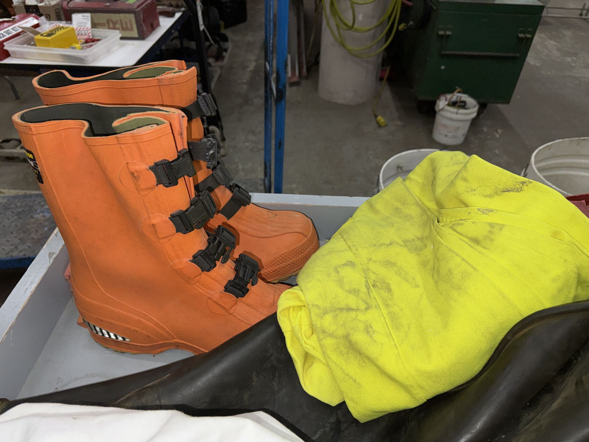 LOT Safety Gloves, Safety Boots, Vests, Face Masks. Safety Suits, Rubber Mats, w/ Port. Bench - Image 5 of 8