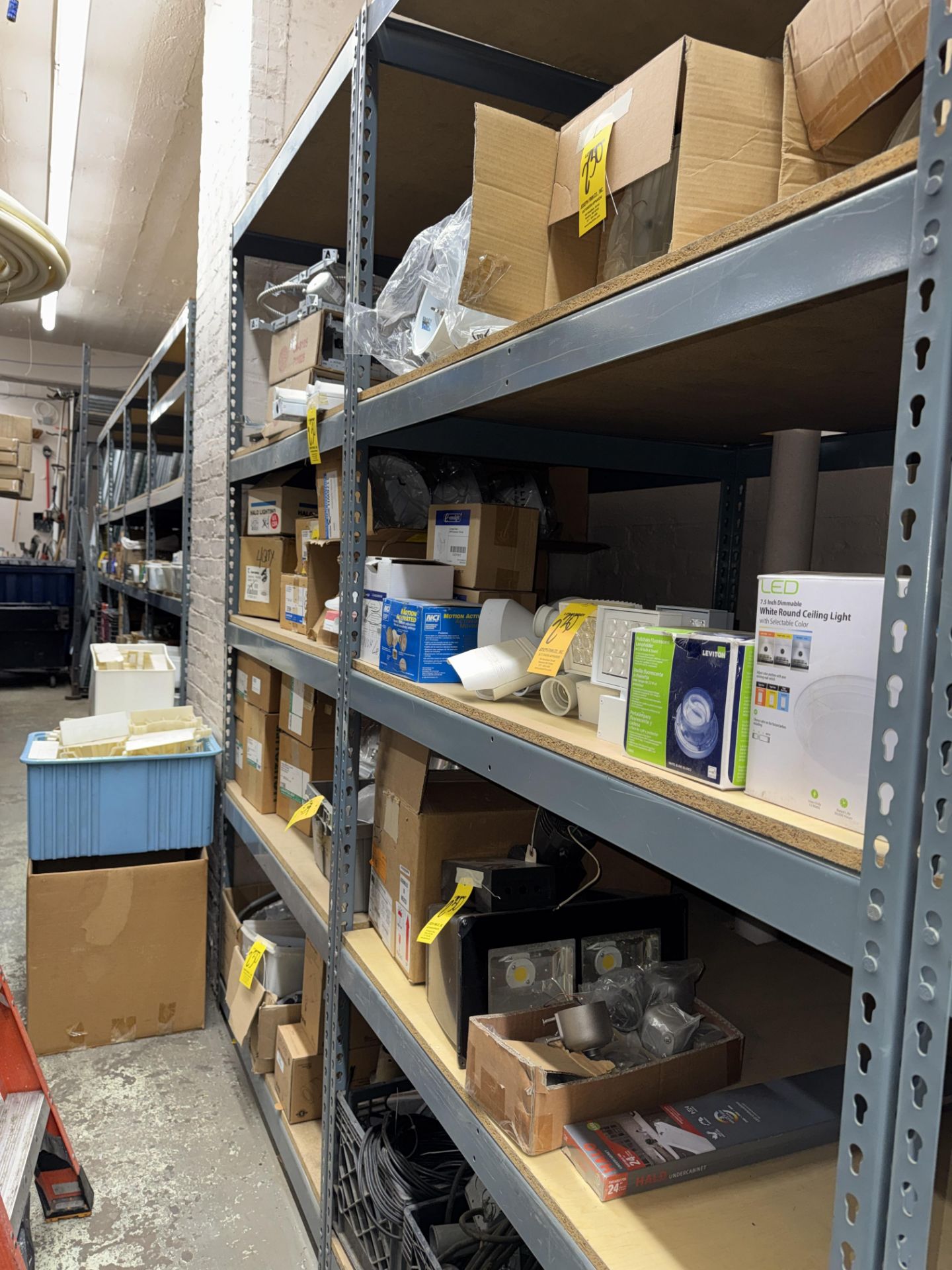 LOT Asst. Light Housings, Compact Light Fixtures, Emergency Lights, Electrical Receptacles, Cable,