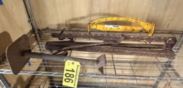 LOT OF MISC. TOOLS, BRICK CARRIER, BRACKET, PIPE STAND