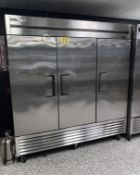 2020 TRUE MODEL T-72-HC 3-DOOR S/S COMMERCIAL REFRIGERATOR, ON CASTERS, S/N: 10082952