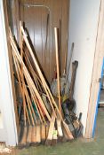 Lot - Brooms, Shovels, Rakes and Dust Pans