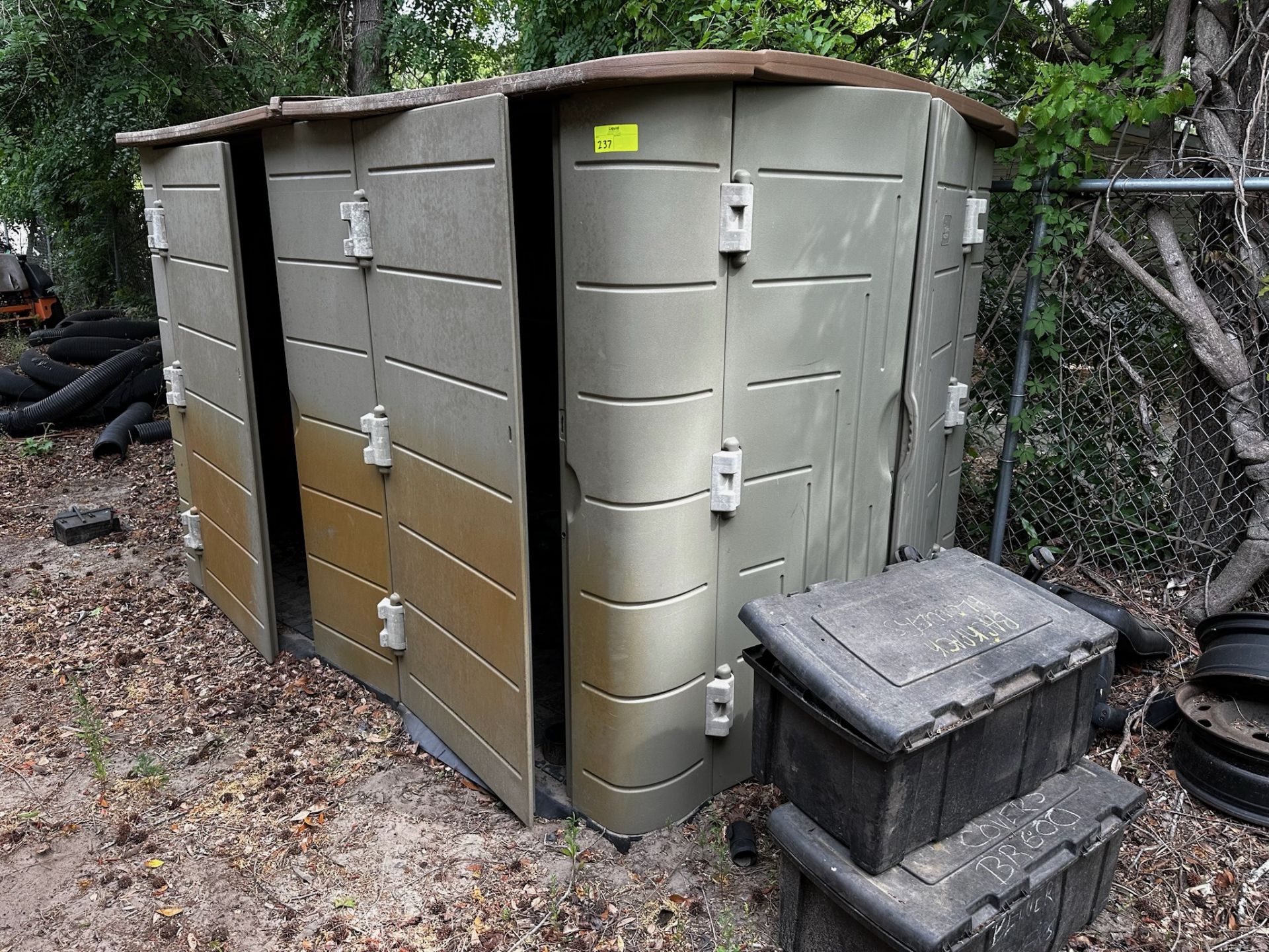 Lot of 2 Plastic Storage Sheds with 2 Storage Bins and All Content