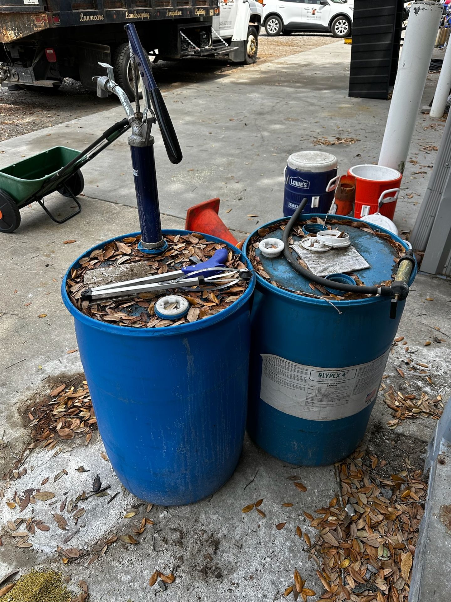 Lot of 2 55 Gallon Plastic Drums with Manual Pumps - Image 2 of 2