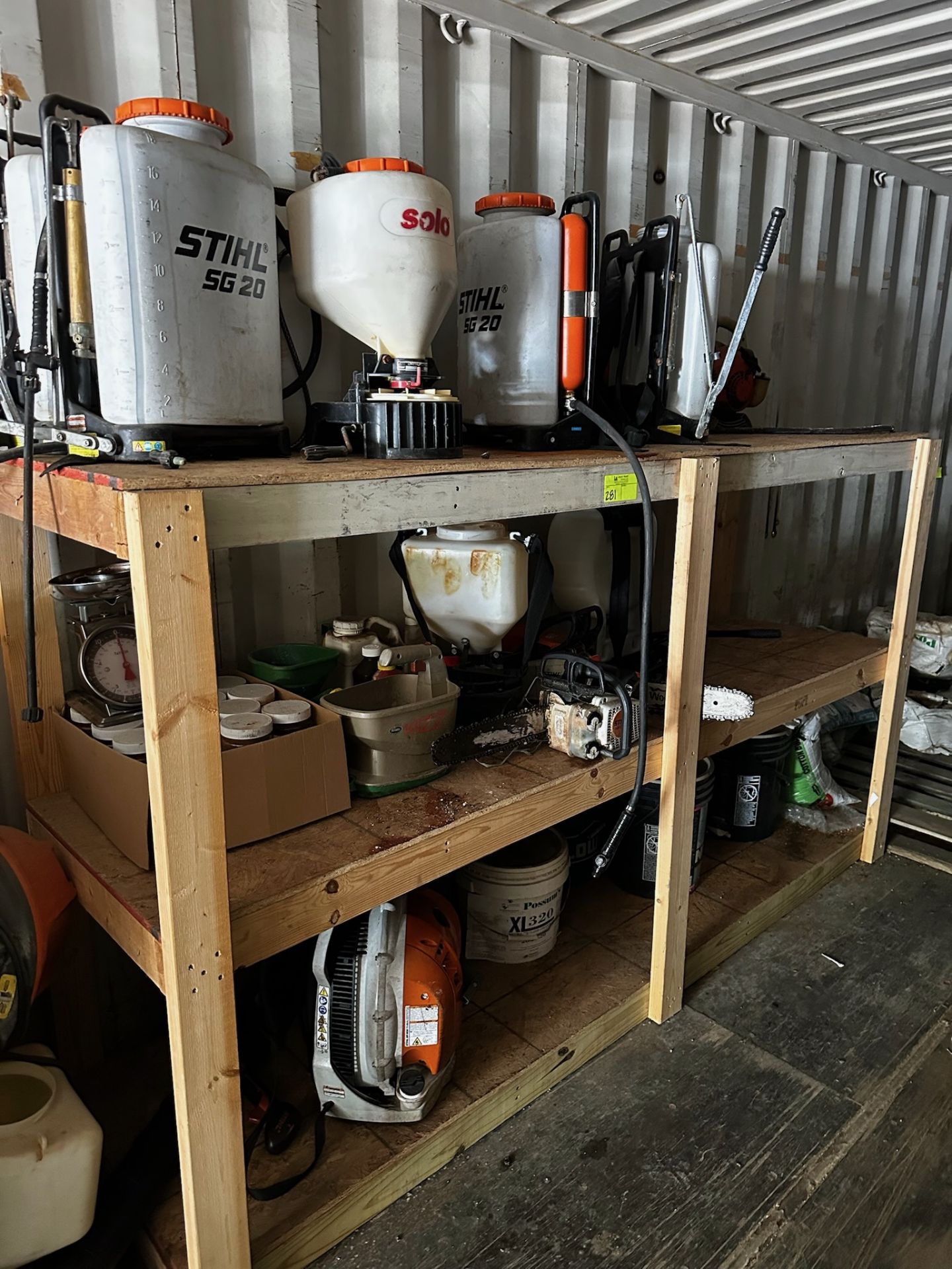 Storage Shelf and Contents, Backpack Sprayers, Chain Saws, and More.