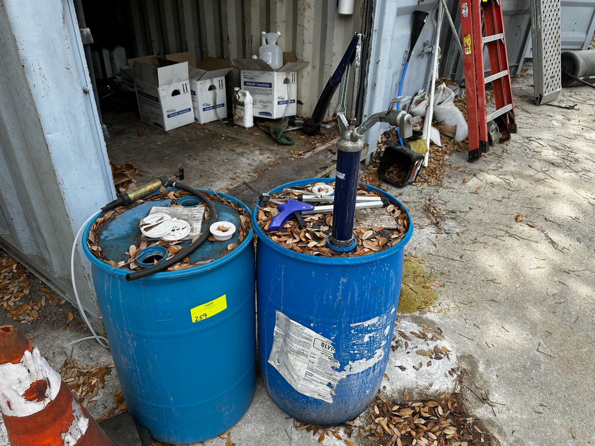 Lot of 2 55 Gallon Plastic Drums with Manual Pumps