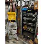 Metal Shelf with Contents, Ladder, Tank