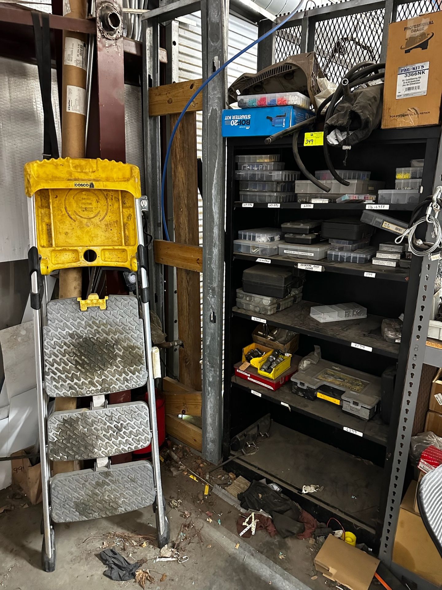 Metal Shelf with Contents, Ladder, Tank