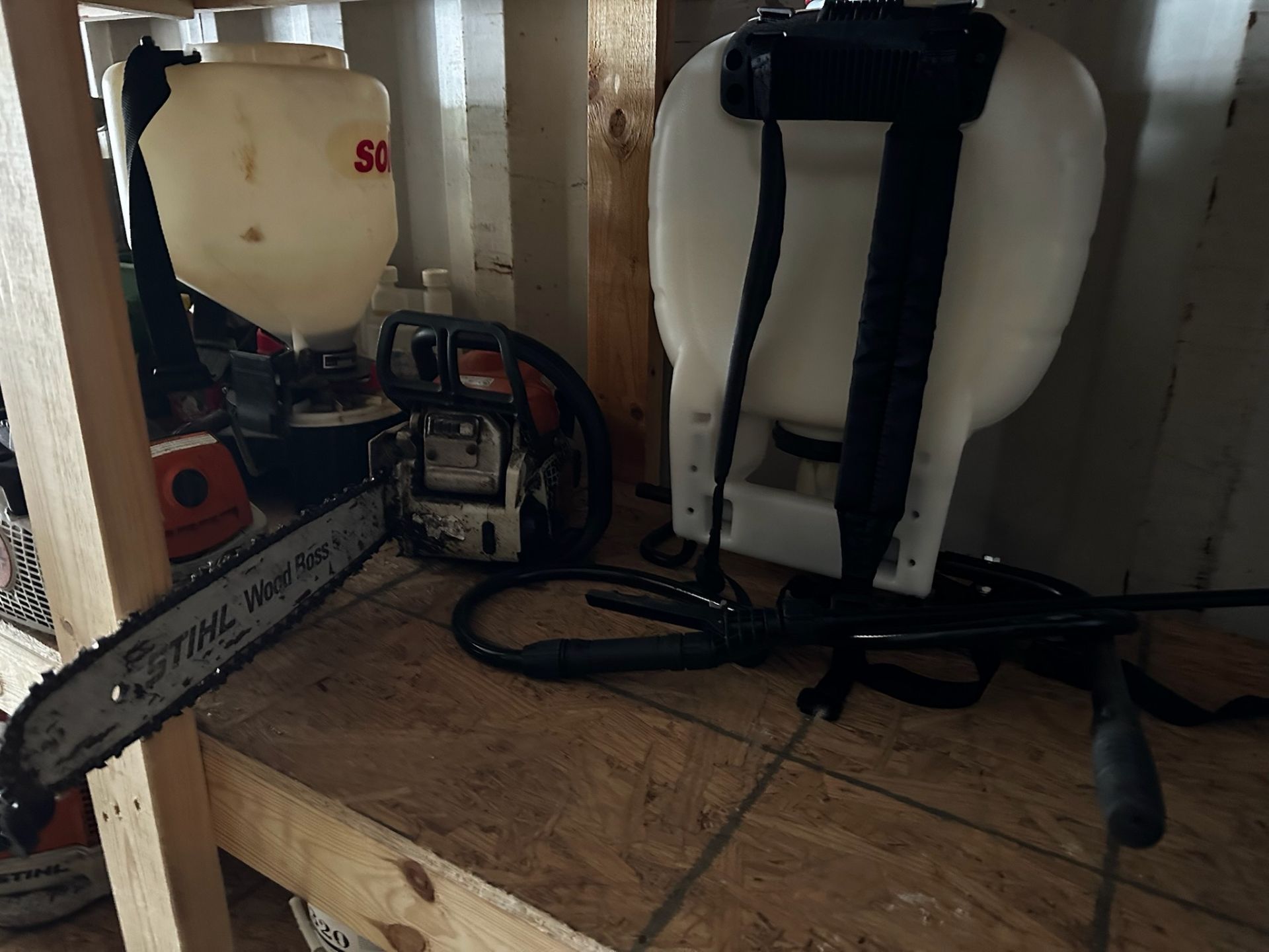 Storage Shelf and Contents, Backpack Sprayers, Chain Saws, and More. - Image 6 of 13