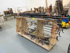 Lot of Clamps with Wood Roller Rack