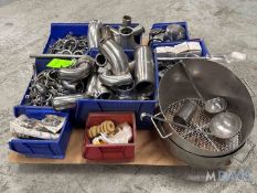 LOT OF MISC. S/S SANITARY FITTINGS, INCLUDES ASSORTED SIZED CLAMPS, ASSORTED SIZED ELBOWS,