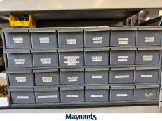 34" width x 17" height x 12" depth Durham hardware storage unit with 24 slide out steel drawers