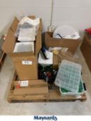 LOT OF ASSORTED SYRINGES, GLASS STORAGE JARS ETC.