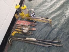 Mixed Tool Lot - Pry Bars, Brick Carrier, Scrapers, Saw, and Torch