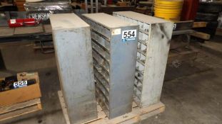 Gray Metal Parts Storage Cabinets - Three Units, Multi-Compartment, Includes Assorted Hardware
