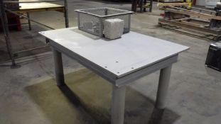 Heavy-Duty Grey Industrial Table - Four Cylindrical Legs, Metal Cage, Textured Block