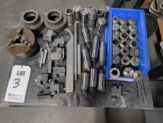 HARDINGE SUPPORT LOT TO INCLUDE: 3 JAW 5" CHUCK, TOOL HOLDERS, STICK TOOLS, ASSORTED 5C COLLETS