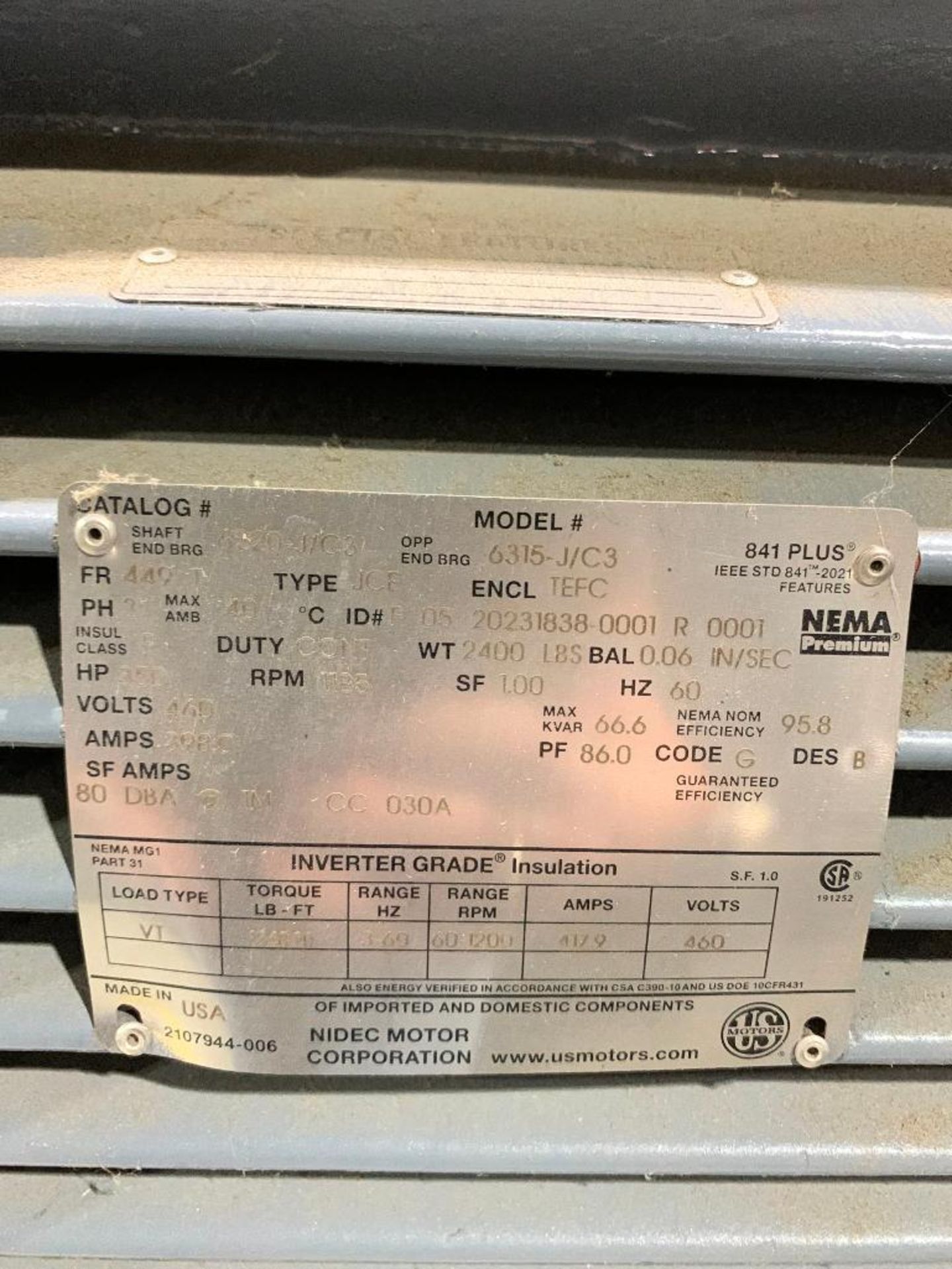 US Motors 350-HP Induction Motor, 3-Phase, 460 Volts, 1185 RPM, 449T Frame