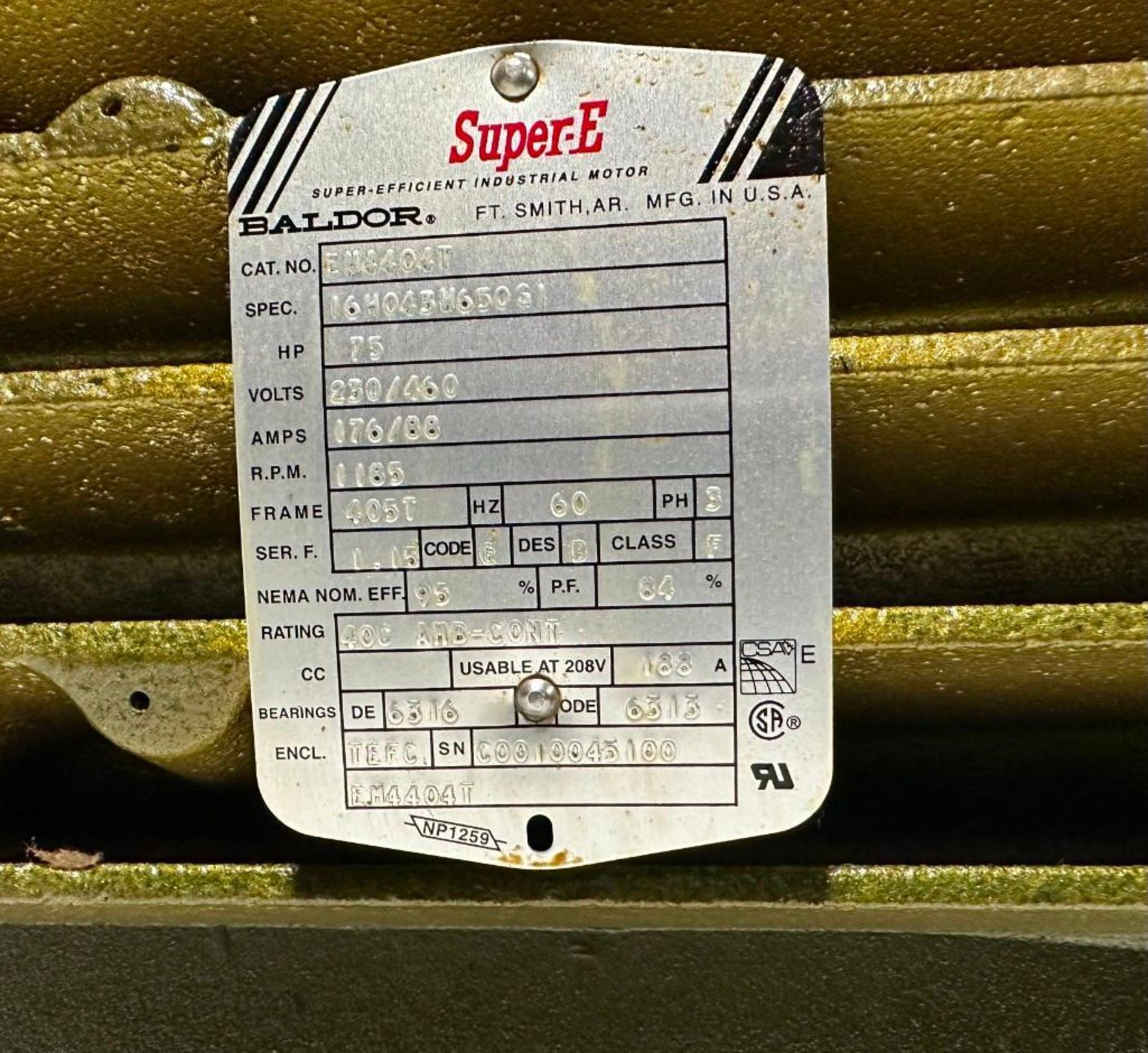 { Group of lots: 58, 59 } Baldor Super-E Motor, EM4404T, 75HP 1185 RPM ...