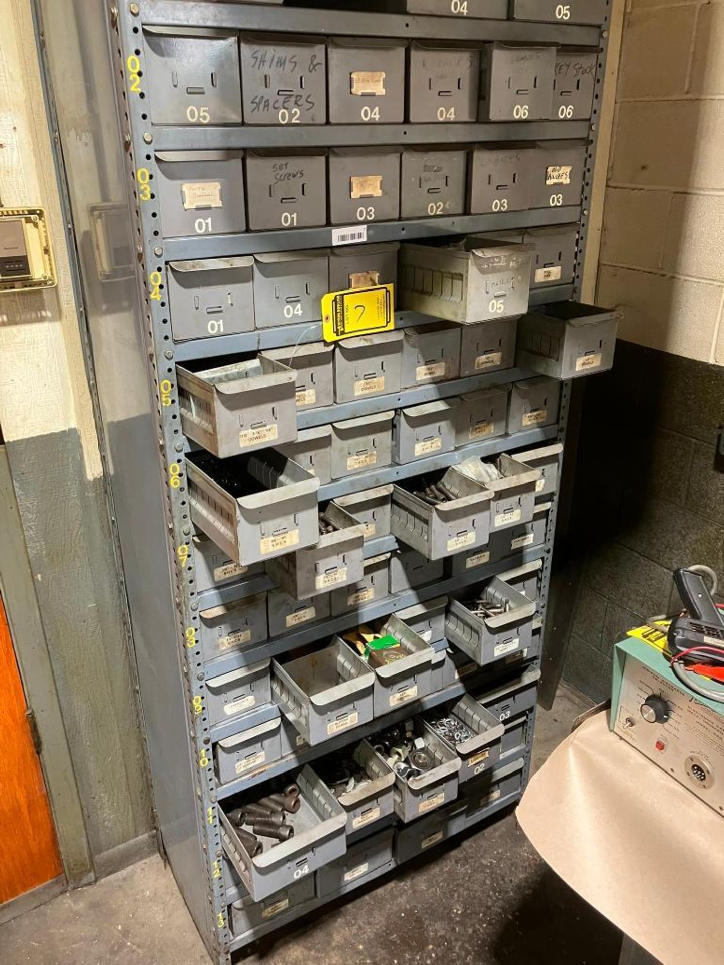(75) Drawer Hardware Bin Rack w/ Dowels, Bushing, Washers, Roll Pins ...
