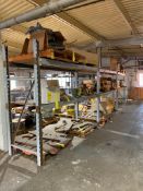 Assorted Spare Parts on/under Pallet Rack; Load Arrester, Brake Drums, Crane Hooks, Cable Reel, Elec