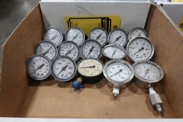 Assorted pressure/test gauges in mixed sizes and pressure ranges; includes multiple industrial gauge