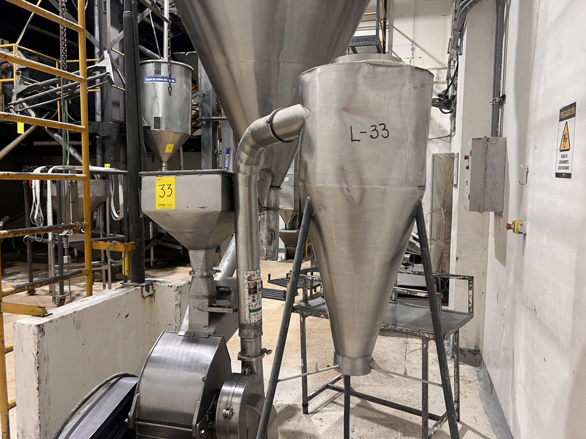 Oat pulverizing system, includes conical silo, pulverizer mill, hopper ...